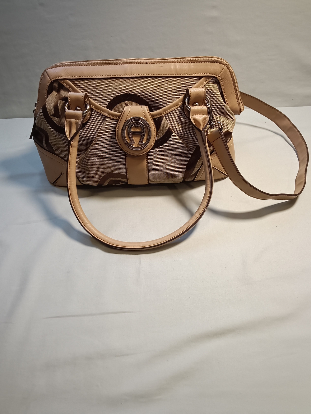 Tan Canvas and Leather Shoulder Bag By Etienne Aigner